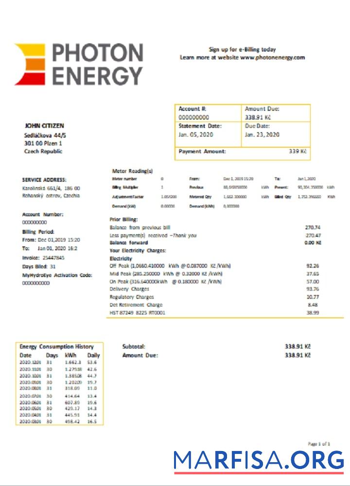 Blank Czech Republic Photon Energy utility bill download for verification